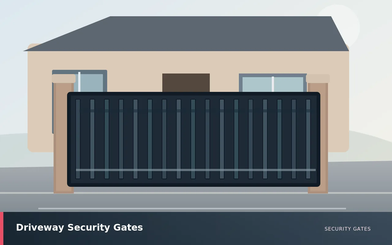 Driveway Security Gates: Black decorative driveway security gates outside a UK residential property. UK security gates service illustration.