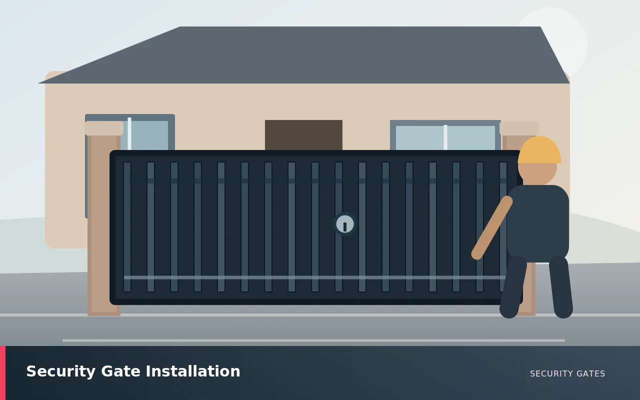 Security Gate Installation: Installing a powder-coated steel driveway security gate between brick pillars. UK security gates service illustration.