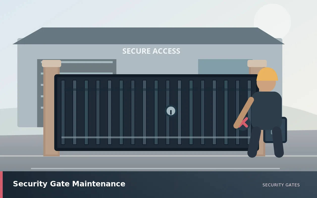 Security Gate Maintenance: Technician inspecting hinges, rollers and motor of a steel security gate. UK security gates service illustration.