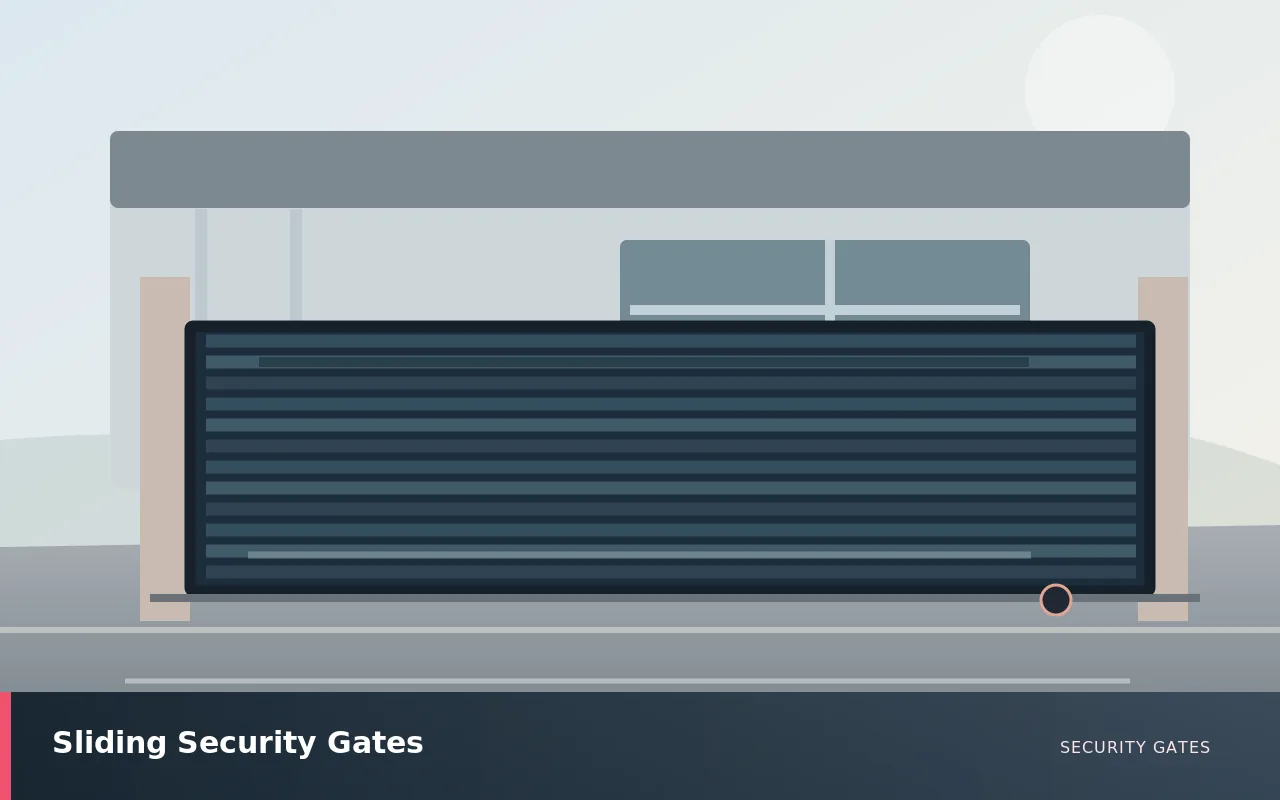 Sliding Security Gates: Modern sliding security gate running along its ground track in front of a property. UK security gates service illustration.